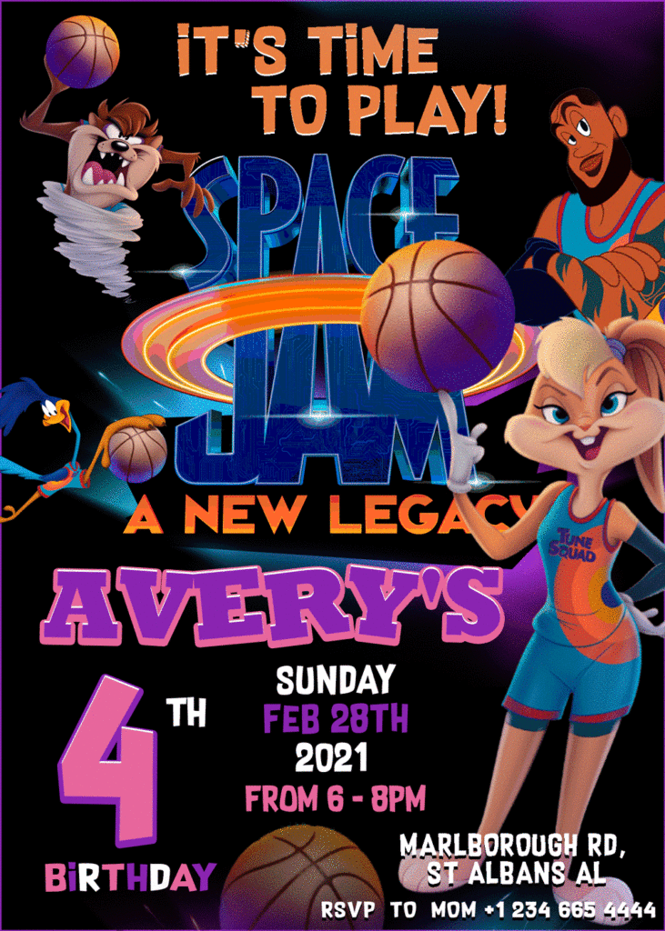 Space Jam 2 Birthday Invitation Girl version